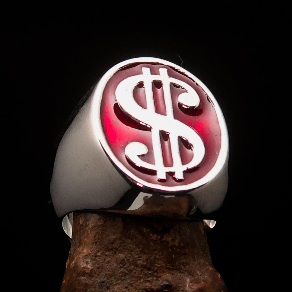 Men's sterling silver currency ring featuring a red USD dollar symbol, high polished with enamel finish.