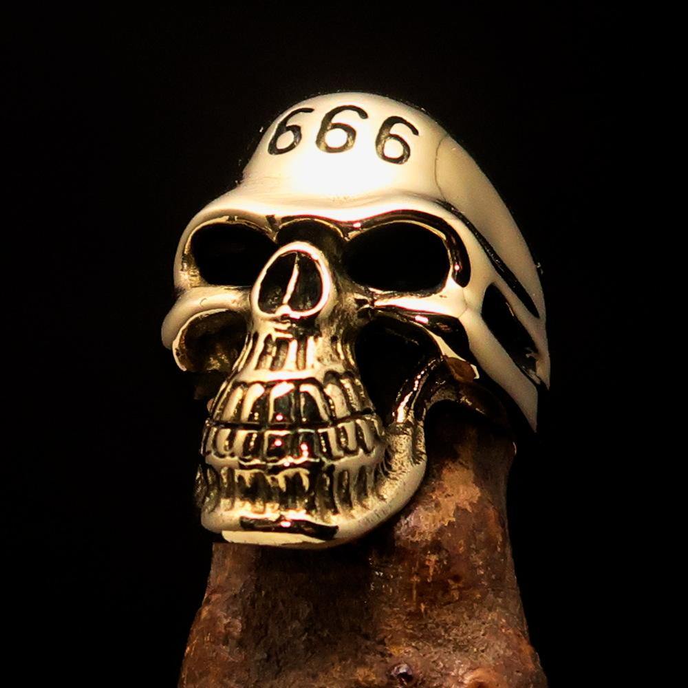 Men's Devil Skull Ring 666 made of solid brass, featuring an antiqued and polished finish with a unique skull design.