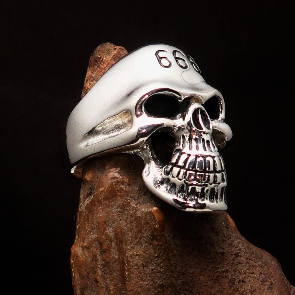 Men's Devil Skull Ring 666 made of solid sterling silver, featuring an intricately designed skull with the number 666 on its forehead.