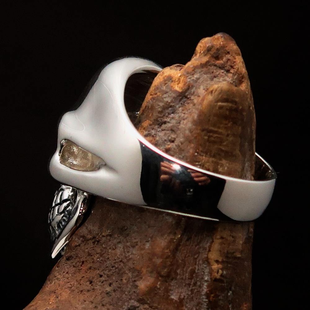 Men's Devil Skull Ring 666 made of solid sterling silver, featuring an intricately designed skull with the number 666 on its forehead.