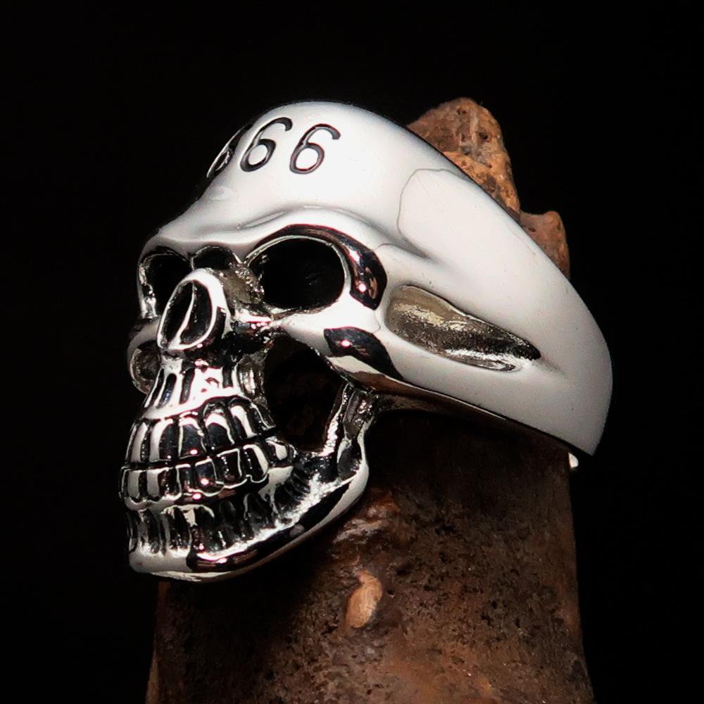 Men's Devil Skull Ring 666 made of solid sterling silver, featuring an intricately designed skull with the number 666 on its forehead.