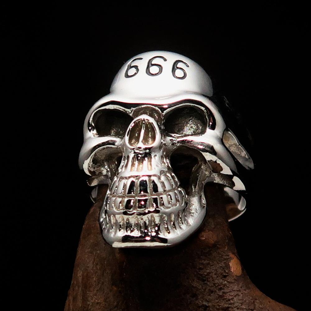 Men's Devil Skull Ring made of solid sterling silver with black enamel, featuring the number 666 on the forehead.