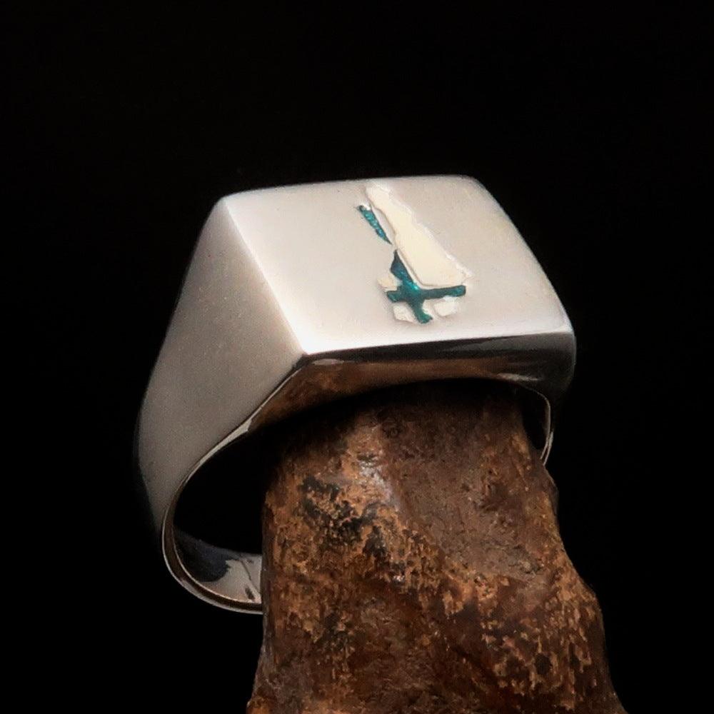 Men's Finnish Flag Ring made of high polished sterling silver with enamel detailing, showcasing the Finnish flag design.