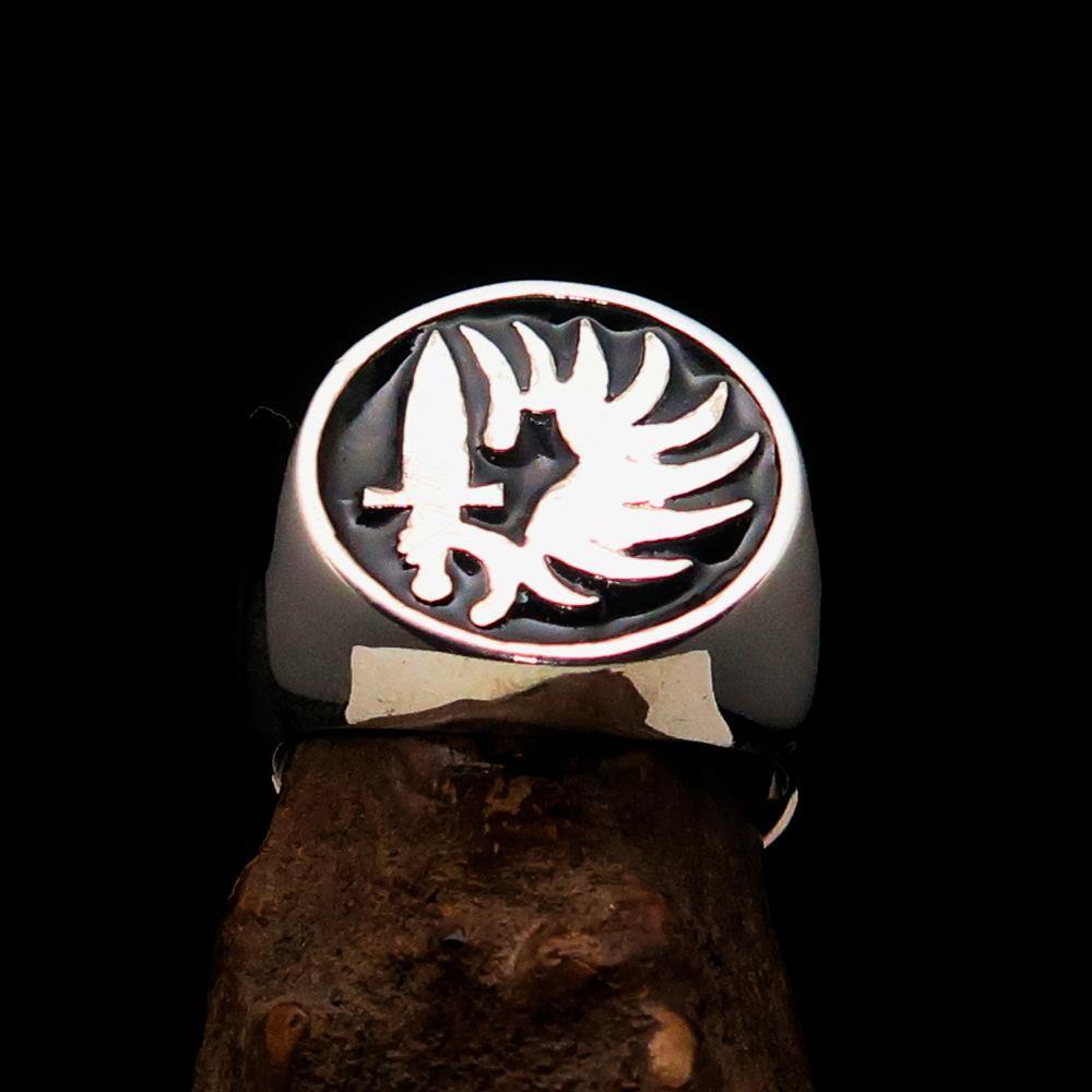 Men's French Foreign Legion Ring in black enamel and sterling silver, showcasing its polished finish and hallmark 925.