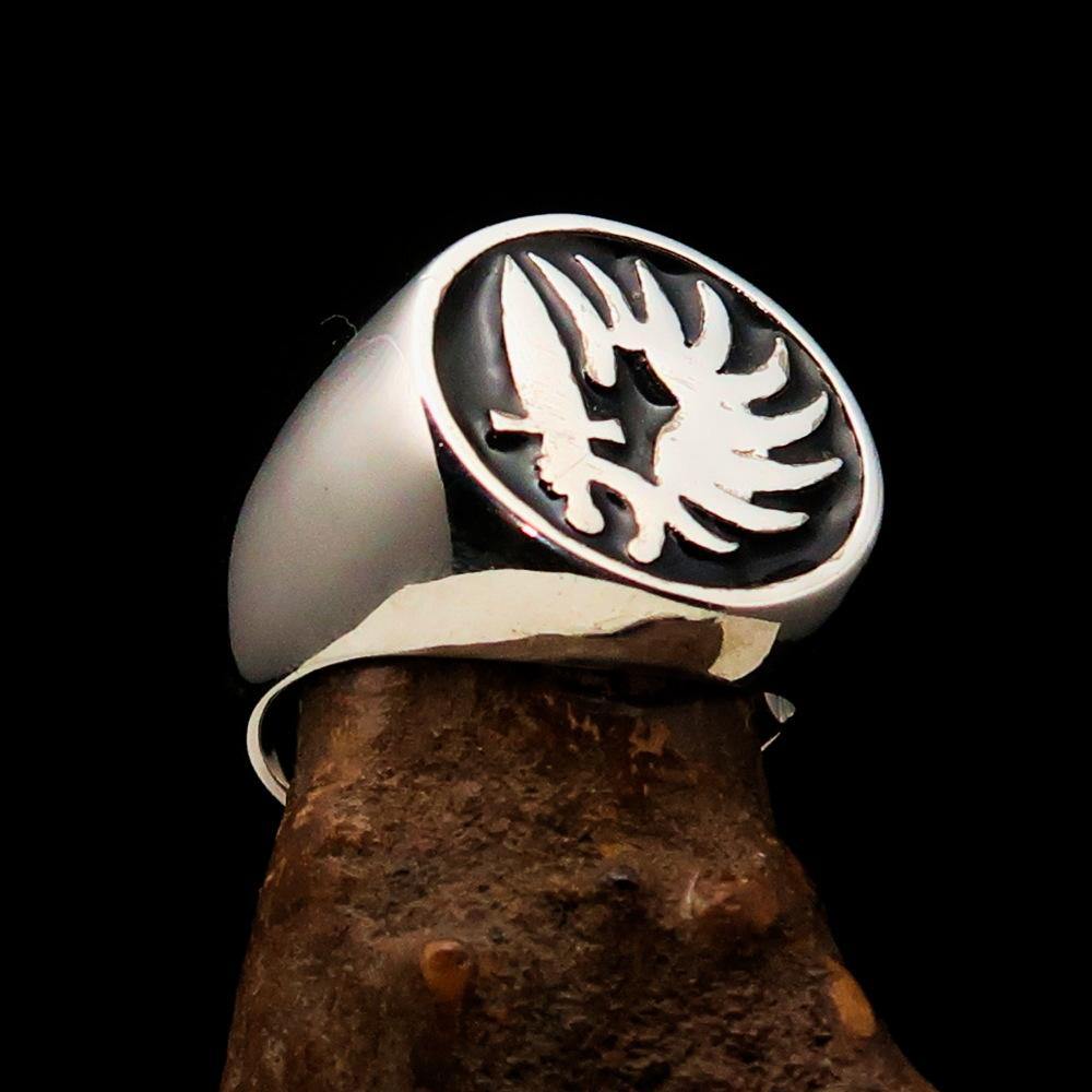 Men's French Foreign Legion Ring in black enamel and sterling silver, showcasing its polished finish and hallmark 925.