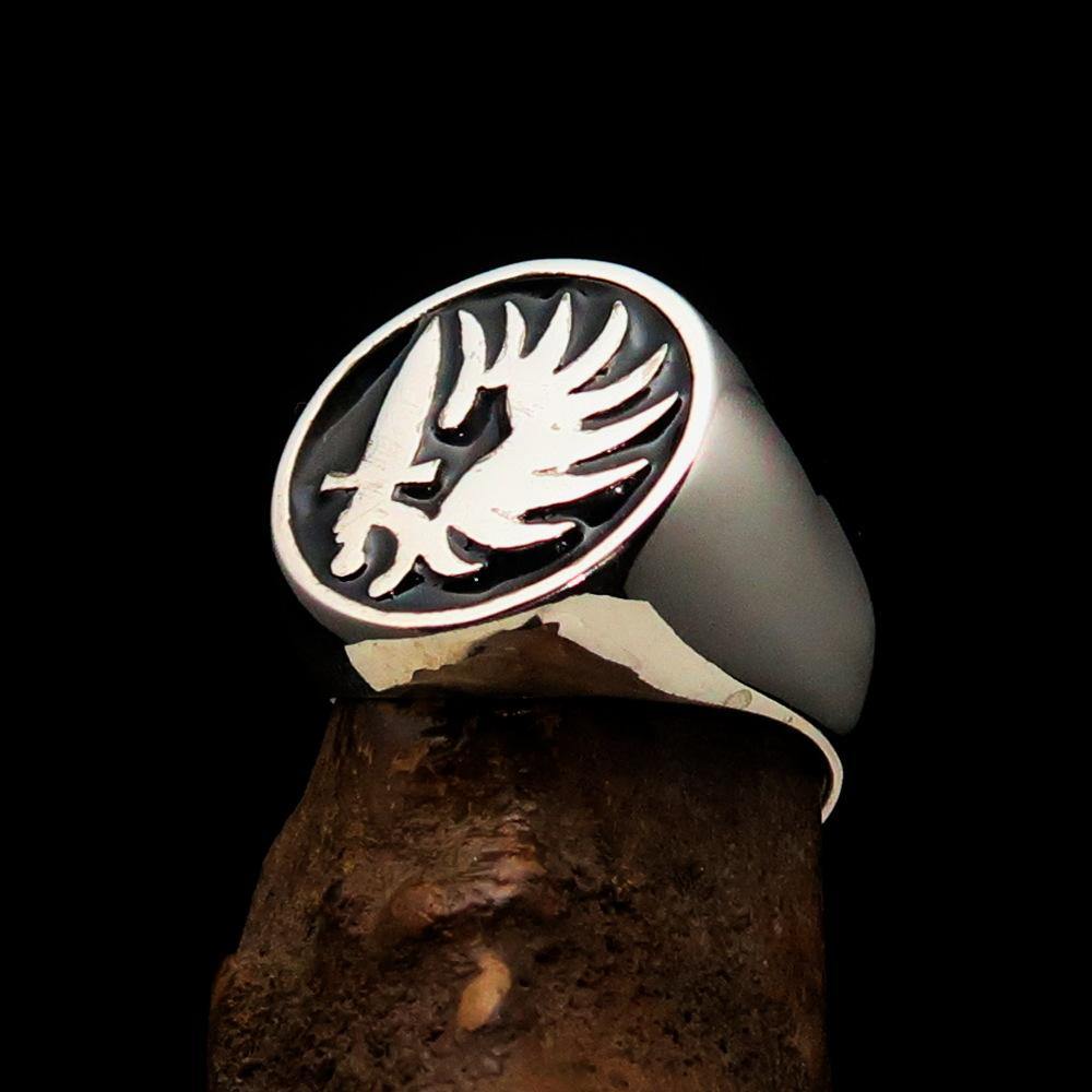 Men's French Foreign Legion Ring in black enamel and sterling silver, showcasing its polished finish and hallmark 925.