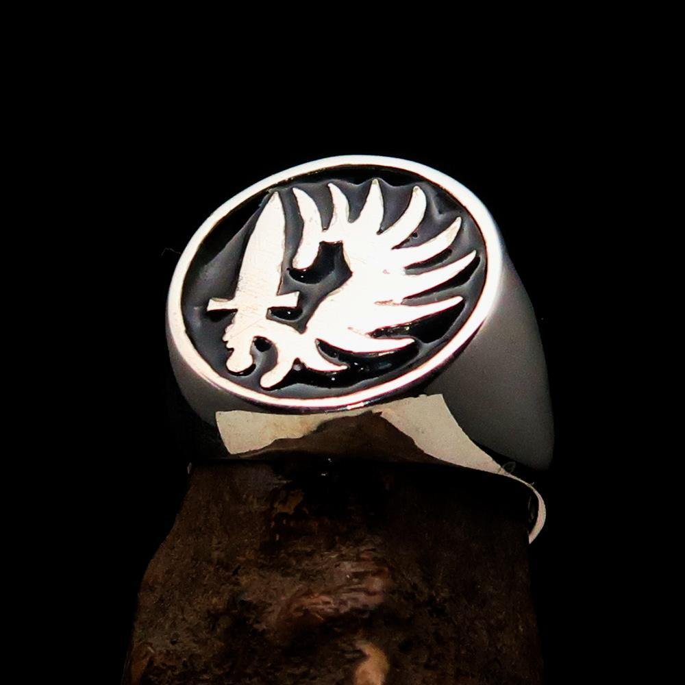 Men's French Foreign Legion Ring in black enamel and sterling silver, showcasing its polished finish and hallmark 925.