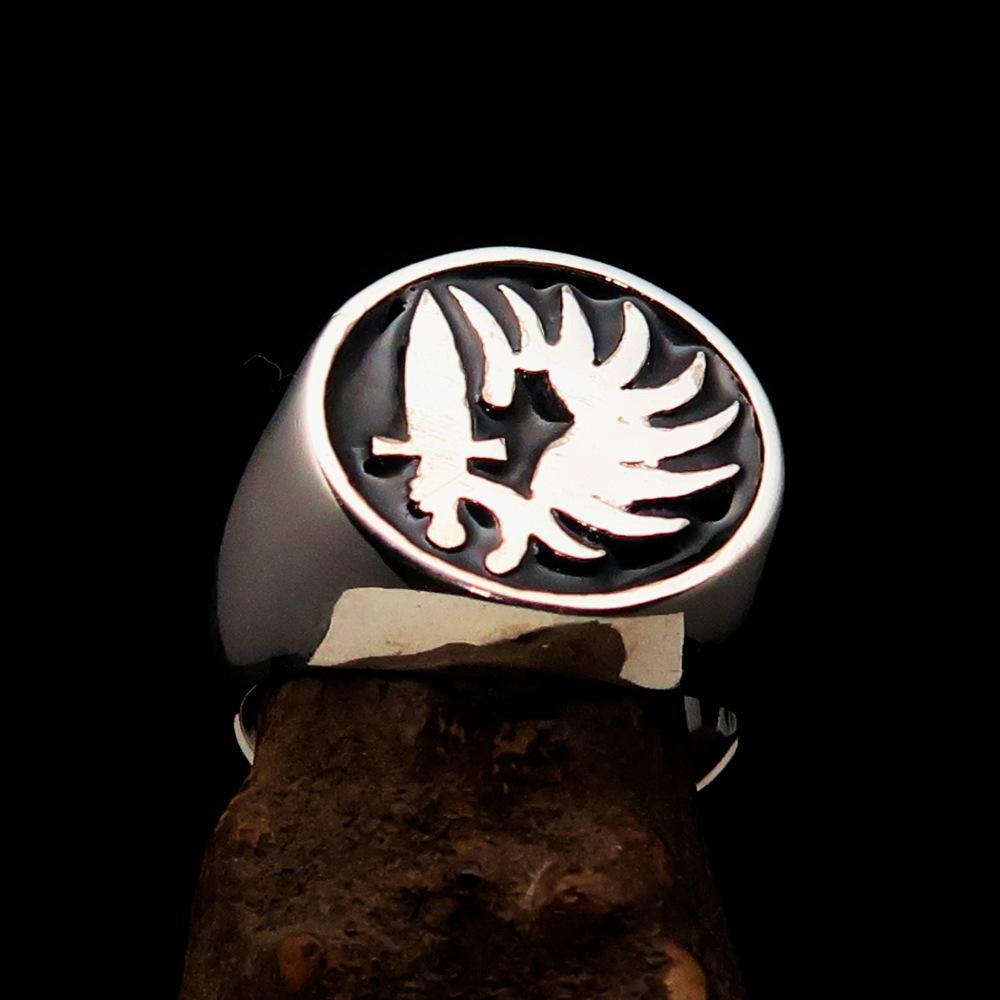 Men's French Foreign Legion Ring in black enamel and sterling silver, showcasing its polished finish and hallmark 925.