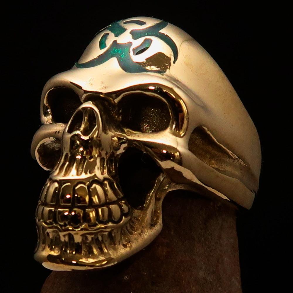 Men's Gamer Ring featuring a Biohazard Skull design, crafted from solid brass with a high polish finish and vibrant green enamel.