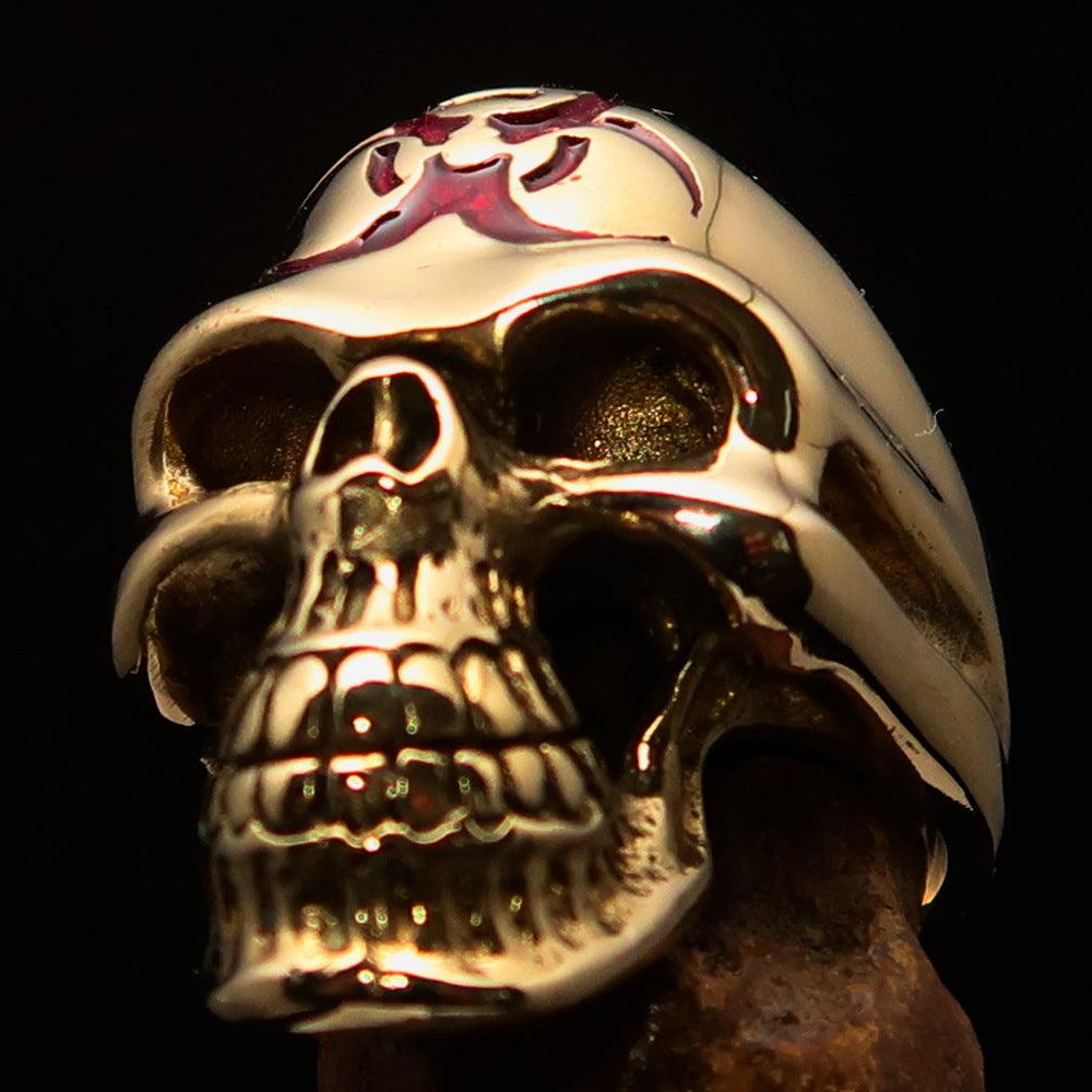 Men's Gamer Ring made of solid brass featuring a red Biohazard Skull design, polished finish, and available in multiple sizes.