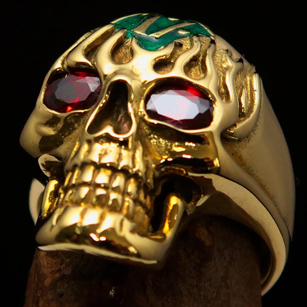 Men's green flaming skull outlaw ring with red cubic zirconia eyes, crafted from solid brass with a mirror-polished finish.