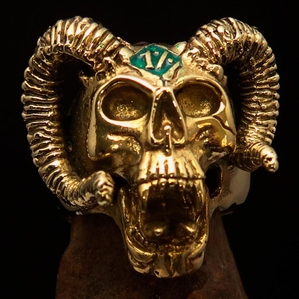 Men's green 1% Ram Skull Outlaw Biker Ring made of solid brass with a mirror-polished finish and green enamel detailing.