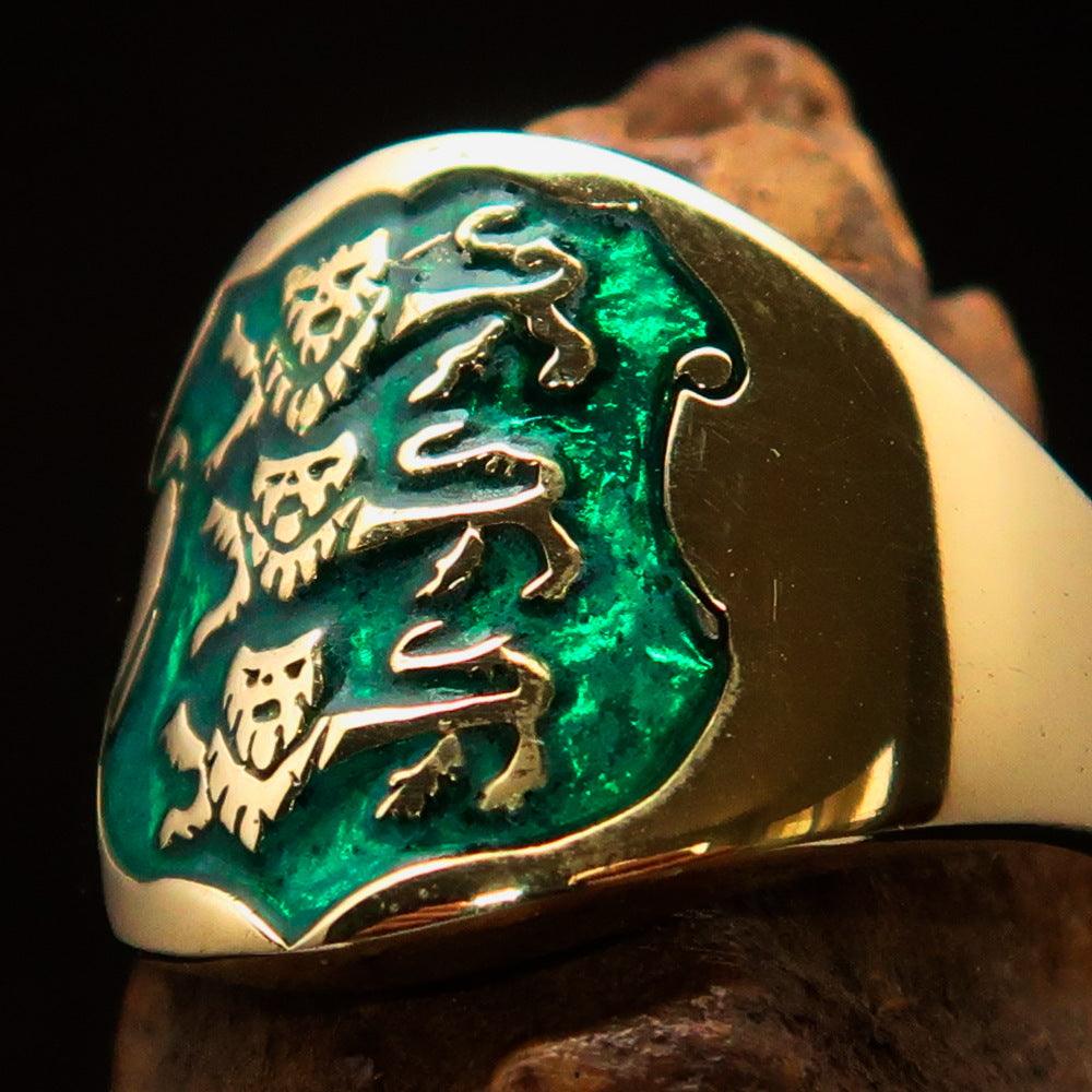 Men's green 3 Lions Coat of Arms Pinky Ring made of solid brass with high polished finish and enamel detailing.