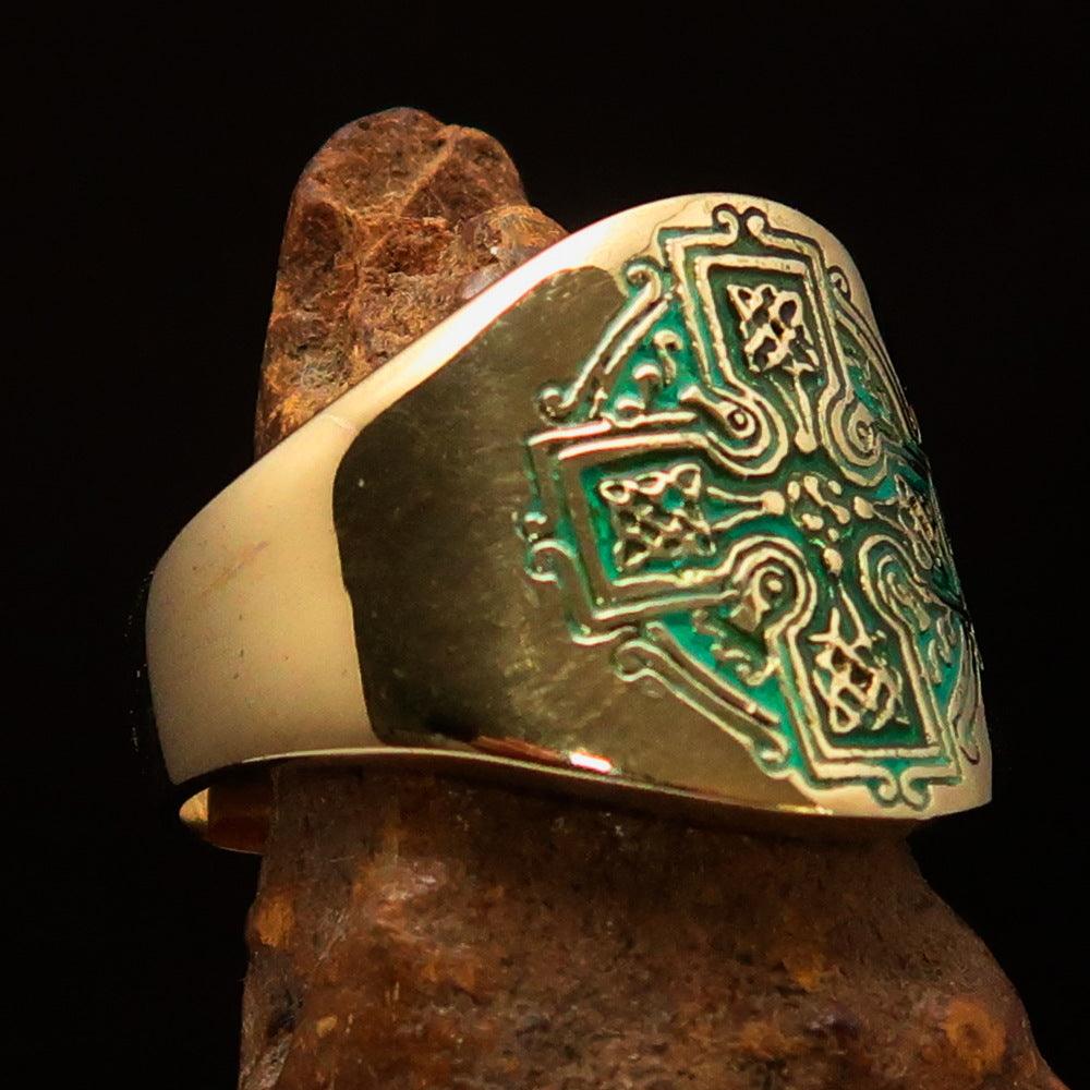 Men's green Celtic Runes Cross Pinky Ring made of solid brass with high polish and green enamel detailing.