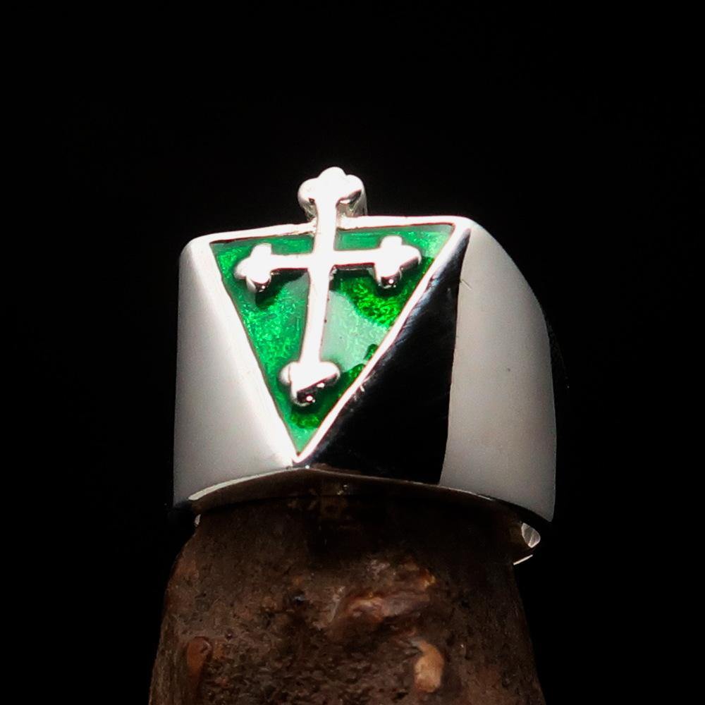 Men's Green Coptic Cross Ring made of high polished sterling silver with vibrant green enamel, showcasing intricate design and craftsmanship.