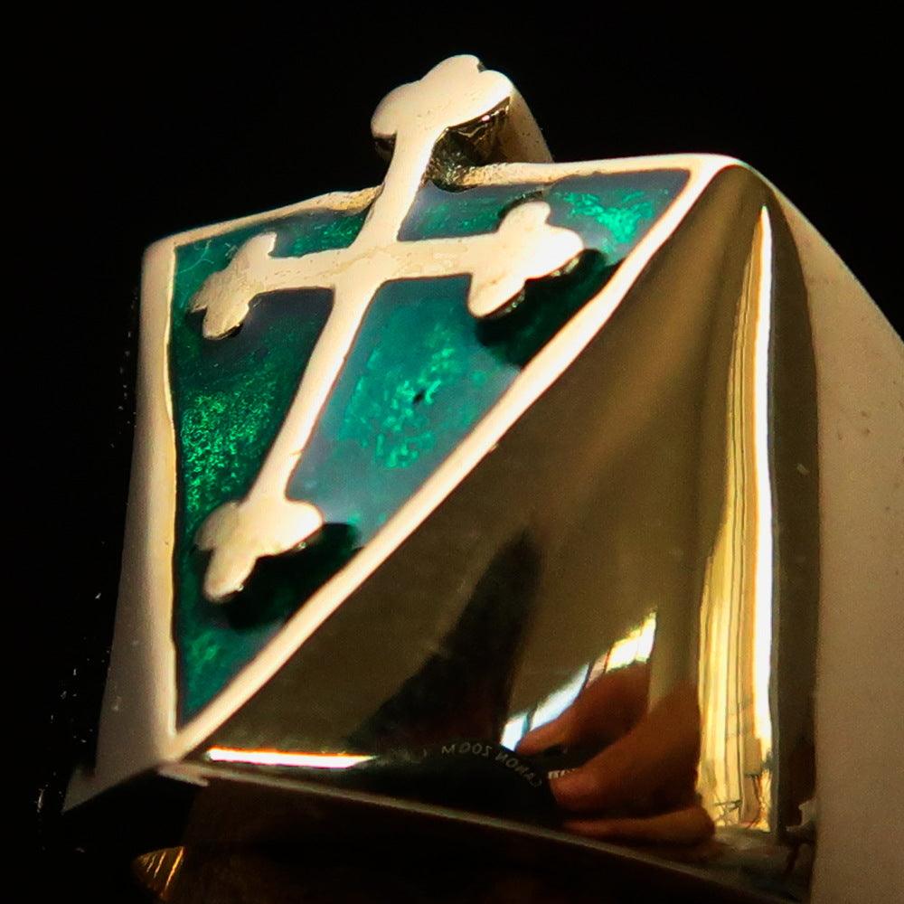 Men's green Coptic Rose Cross Ring made of solid brass with high polish and green enamel finish, showcasing intricate cross design.