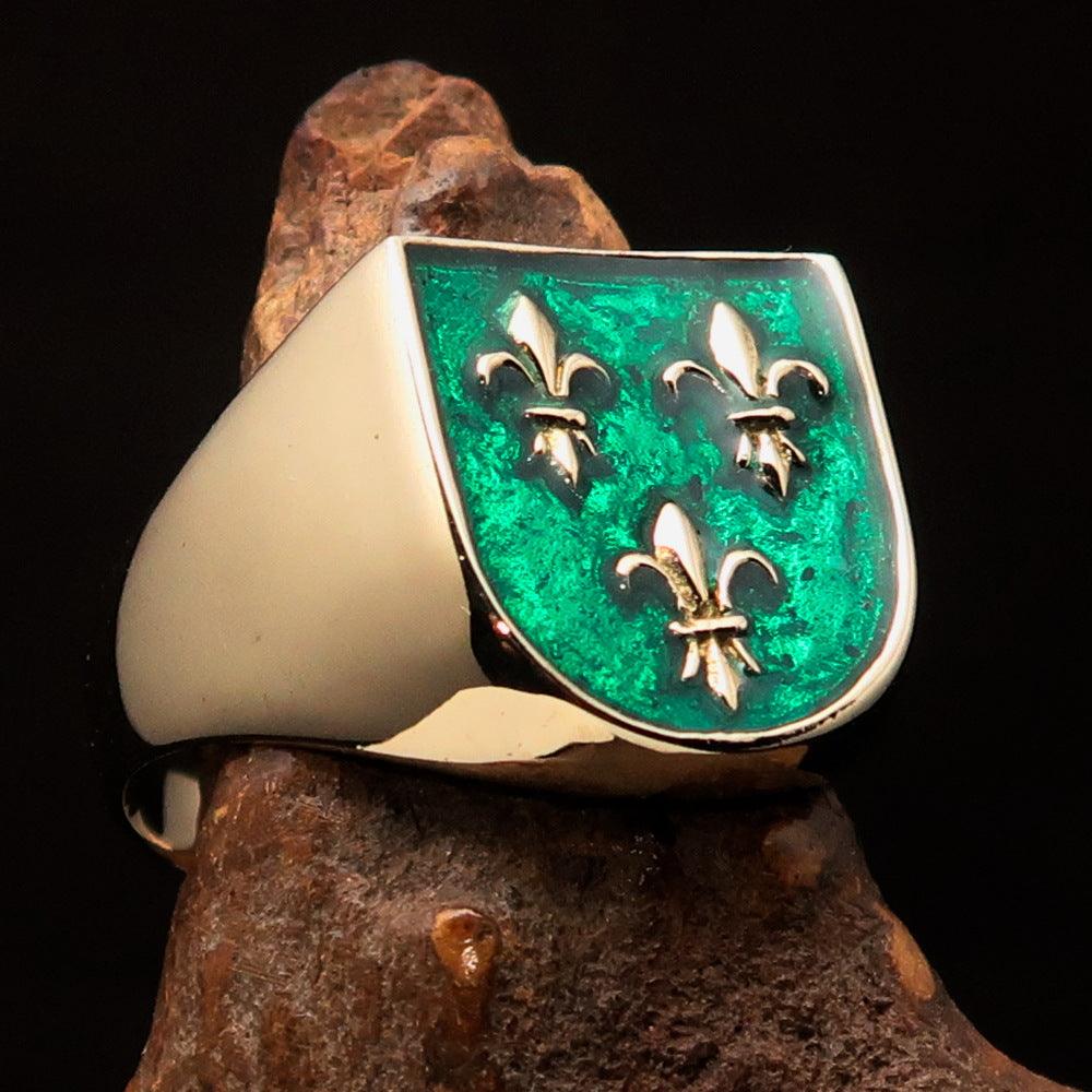 Men's green Fleur de Lis Coat of Arms Ring made of solid brass with high polish and enamel finish, showcasing intricate design.