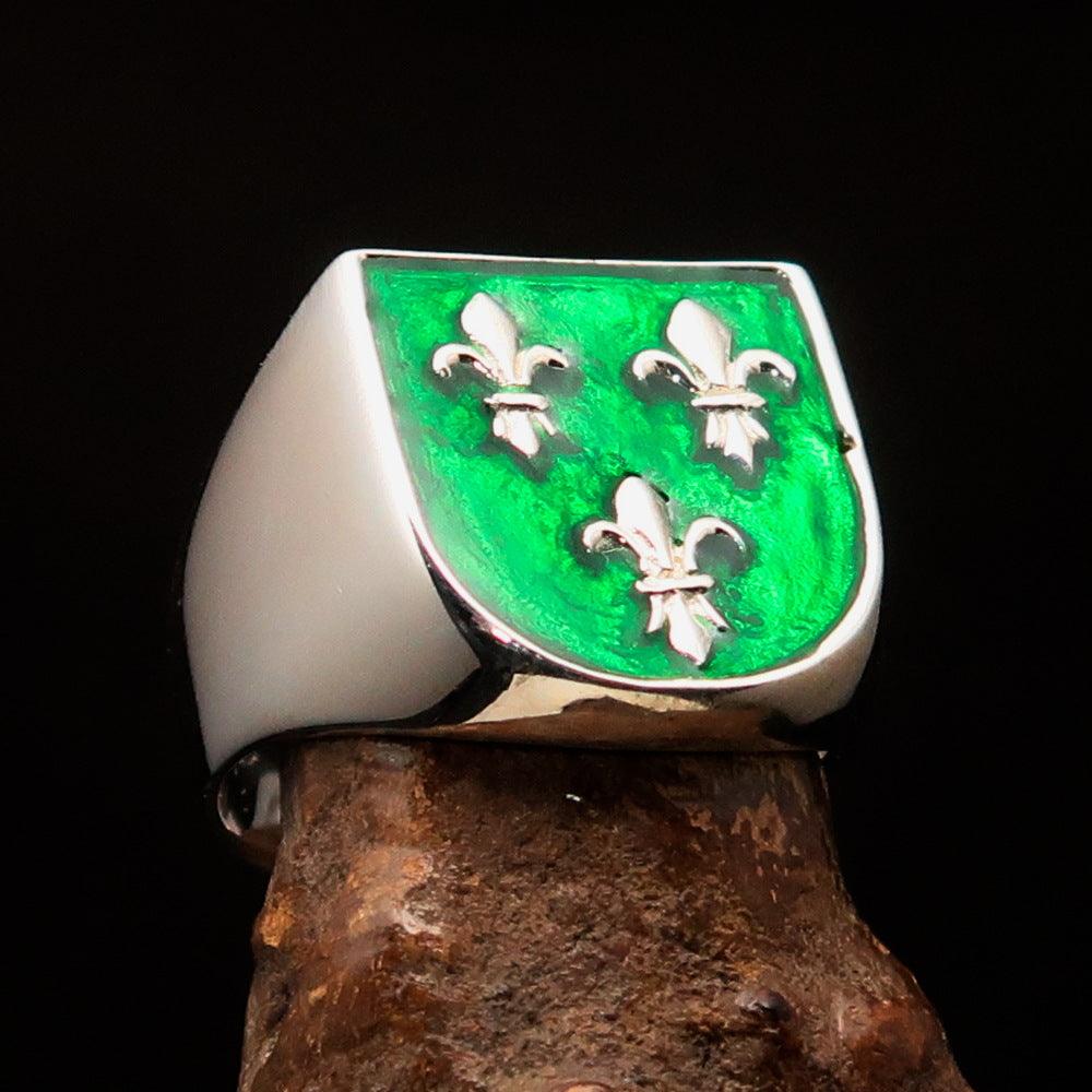 Men's green Fleur de Lis Coat of Arms Ring made of solid sterling silver with high polish and enamel finish, showcasing intricate design.