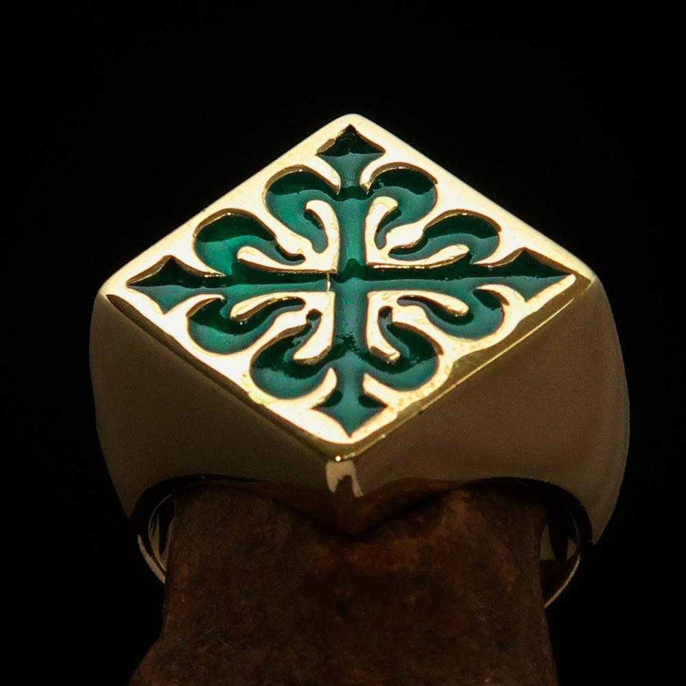 Men's green Fleur de Lis Cross Ring made of solid brass with a high polished finish and vibrant green enamel.