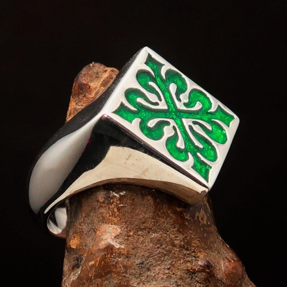 Men's Green Fleur de Lis Cross Ring made of solid sterling silver with high polish and vibrant green enamel, showcasing intricate design.