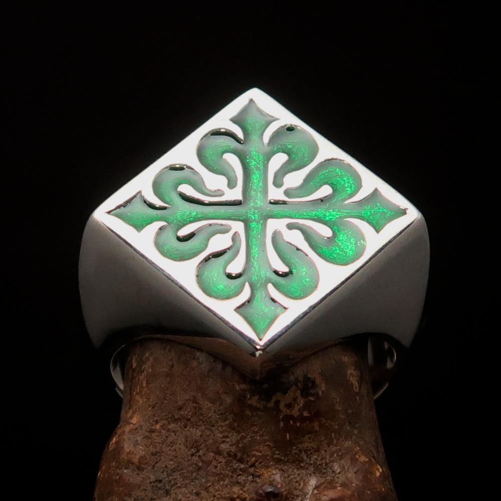 Men's Green Fleur de Lis Cross Ring made of solid sterling silver with high polish and vibrant green enamel, showcasing intricate design.