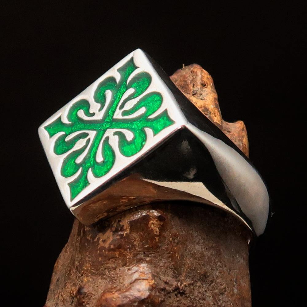 Men's Green Fleur de Lis Cross Ring made of solid sterling silver with high polish and vibrant green enamel, showcasing intricate design.