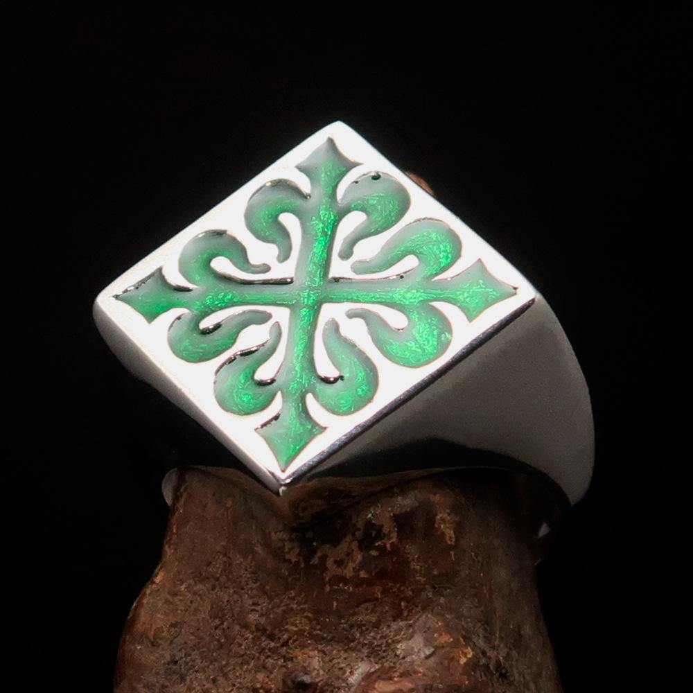 Men's Green Fleur de Lis Cross Ring made of solid sterling silver with high polish and vibrant green enamel, showcasing intricate design.