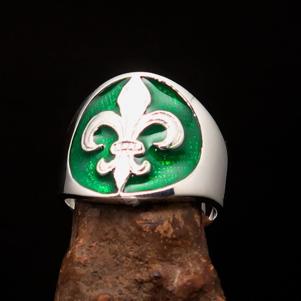 Men's green Fleur de Lis Seal Ring made of high-polished sterling silver with vibrant green enamel.