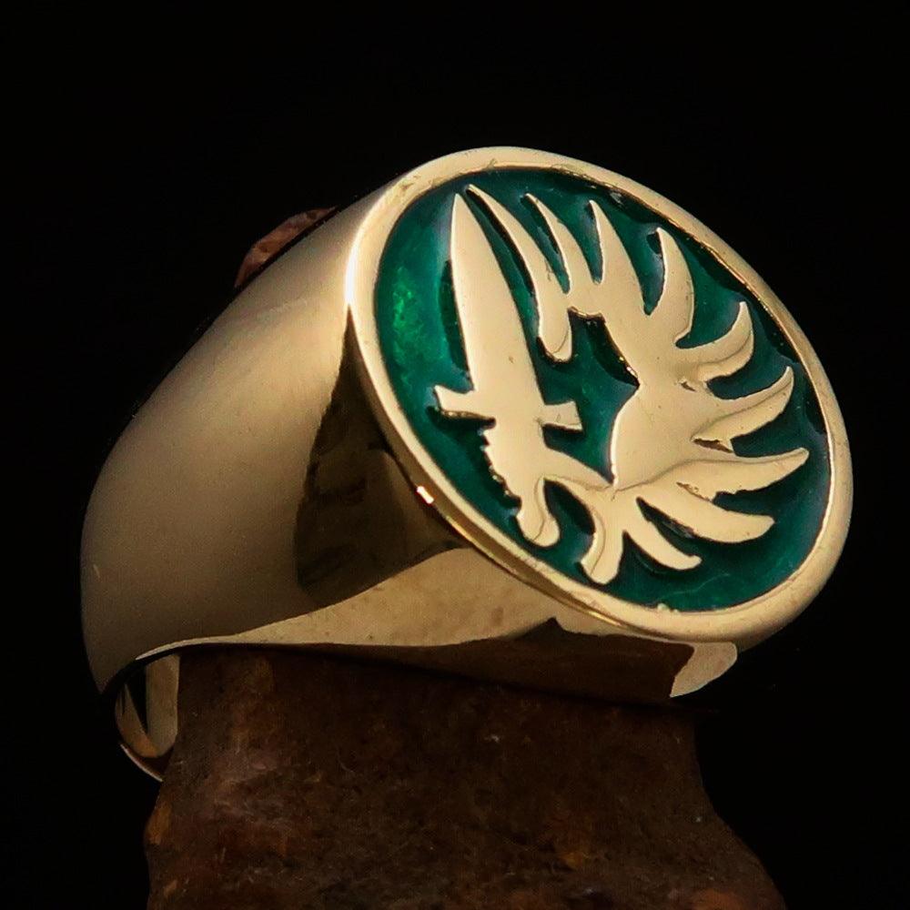 Men's green French Foreign Legion ring made of solid brass with high polish and green enamel finish.