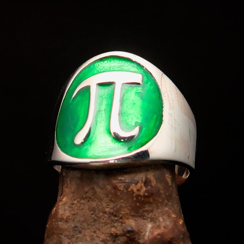 Men's Greek Letter PI Ring in sterling silver with green enamel finish, showcasing its high polish and elegant design.