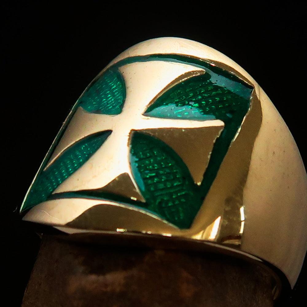 Men's green Iron Cross Biker Ring made of solid brass with high polish and enamel finish, showcasing intricate design.