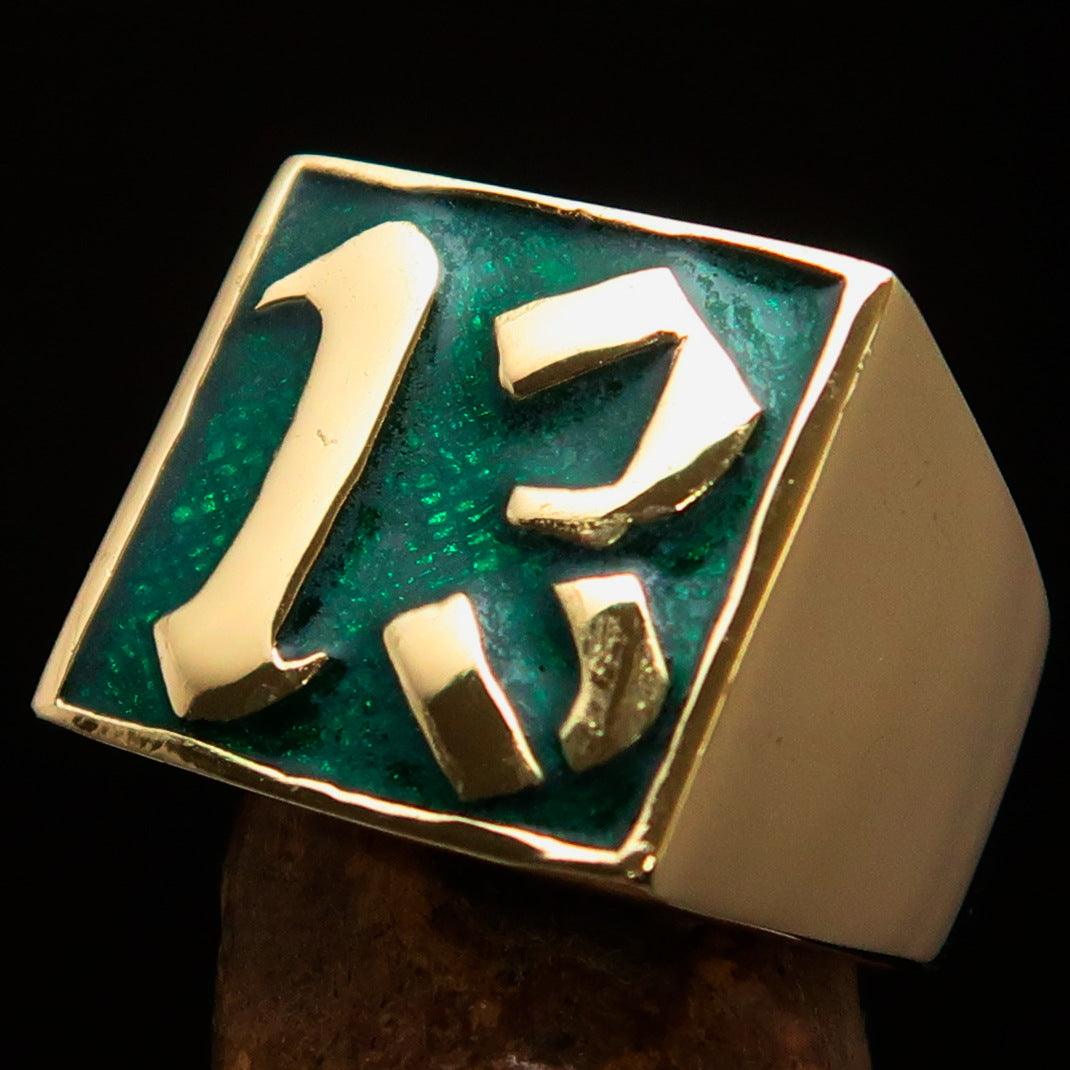 Men's green lucky Number 13 biker ring made of solid brass with a mirror polished finish and green enamel.