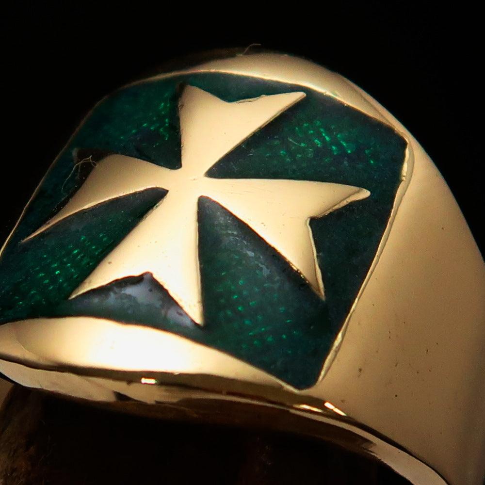 Men's green Maltese Cross Biker Ring made of solid brass with high polish and enamel finish, showcasing a bold design.