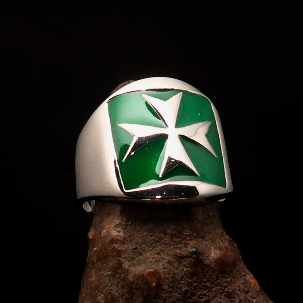 Men's green Maltese Cross Biker Ring made of solid sterling silver with high polish and enamel finish.