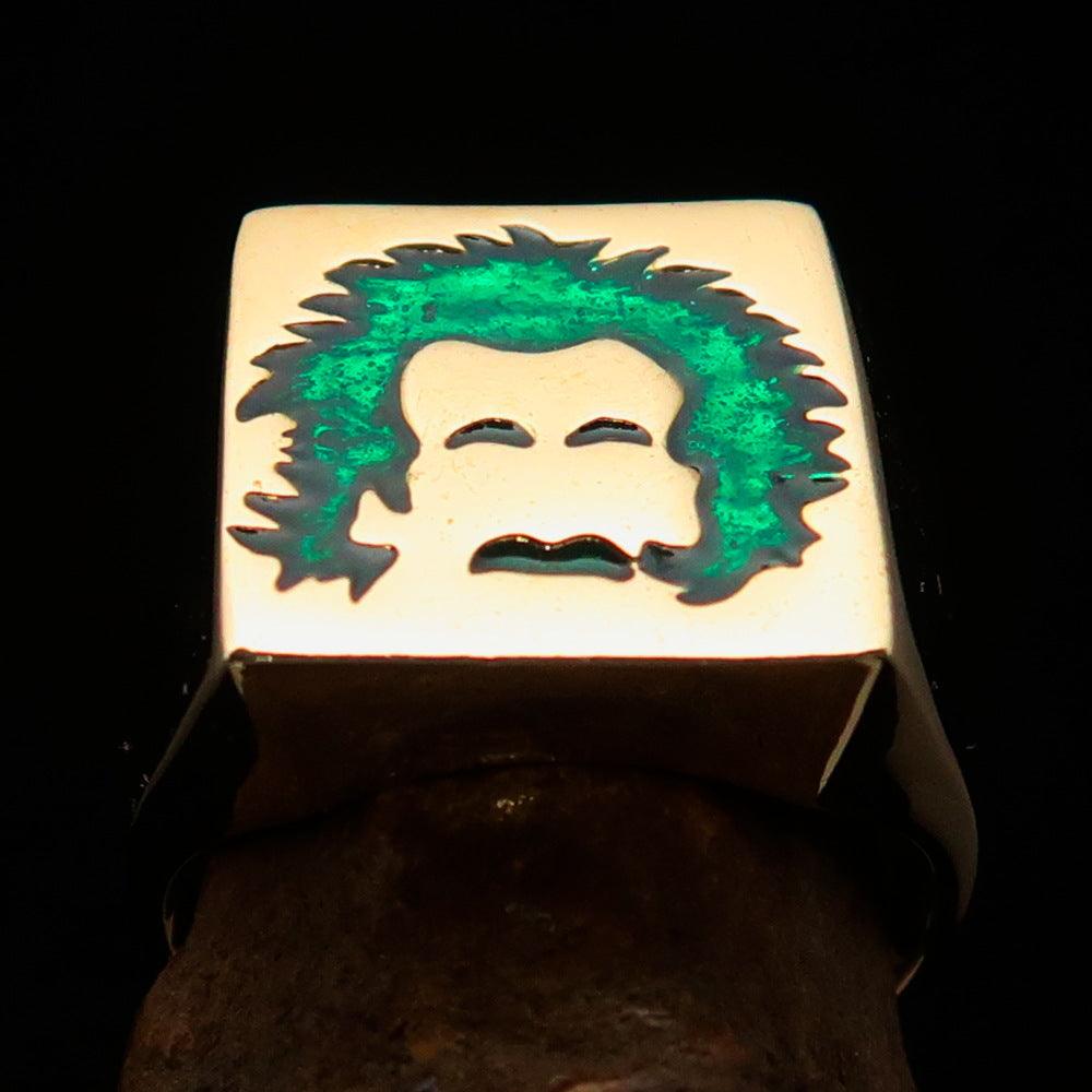 Men's Green Man with Beard Pinky Ring made of solid brass with high polished enamel finish, showcasing intricate details.