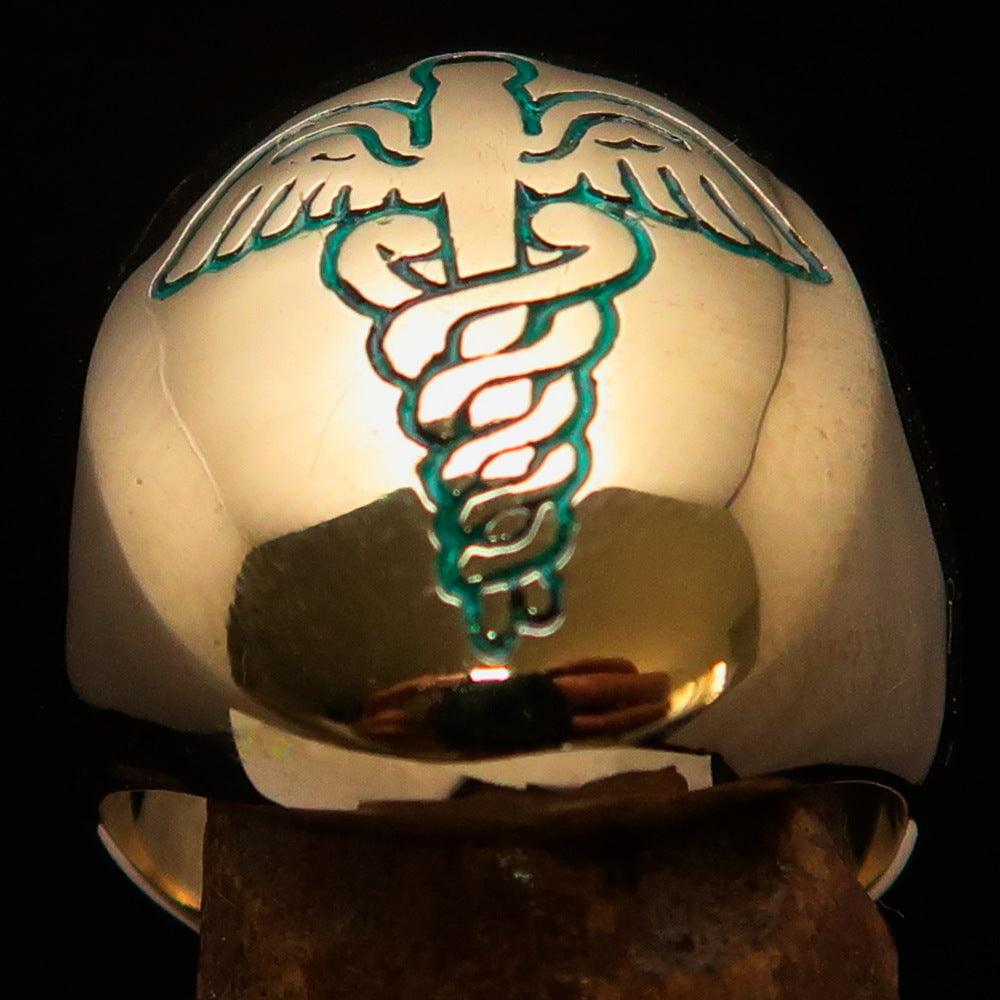 Men's Green Medical Doctor Seal Ring made of solid brass with high polish and green enamel finish.