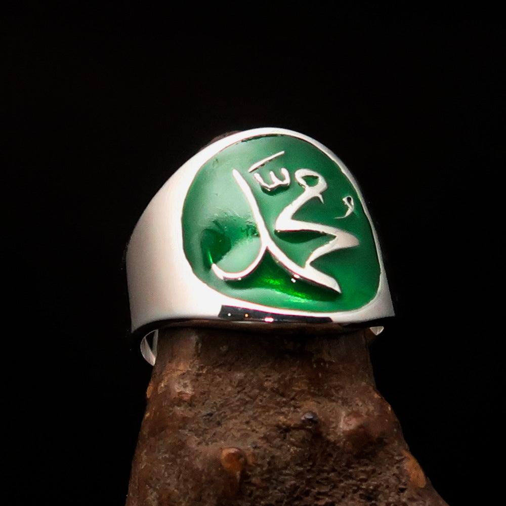 Men's green Muhammad Muslim ring made of high polished sterling silver with enamel, showcasing intricate design and hallmark 925.
