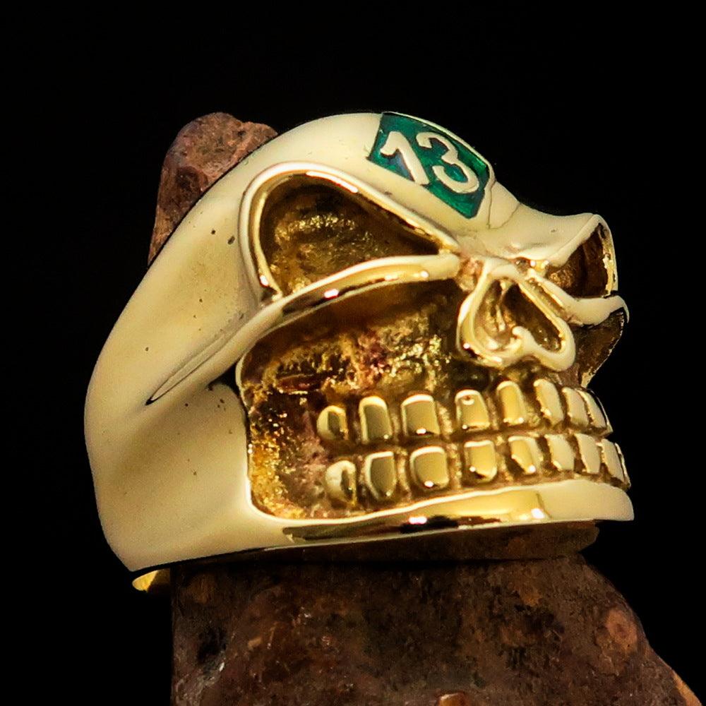 Men's green Number 13 Gnome Skull Ring made of solid brass with a polished finish and green enamel.