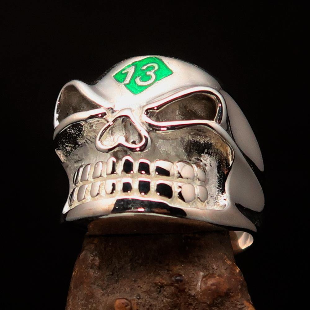 Men's green Number 13 Gnome Skull Ring made of solid sterling silver with a mirror polish and vibrant green enamel.