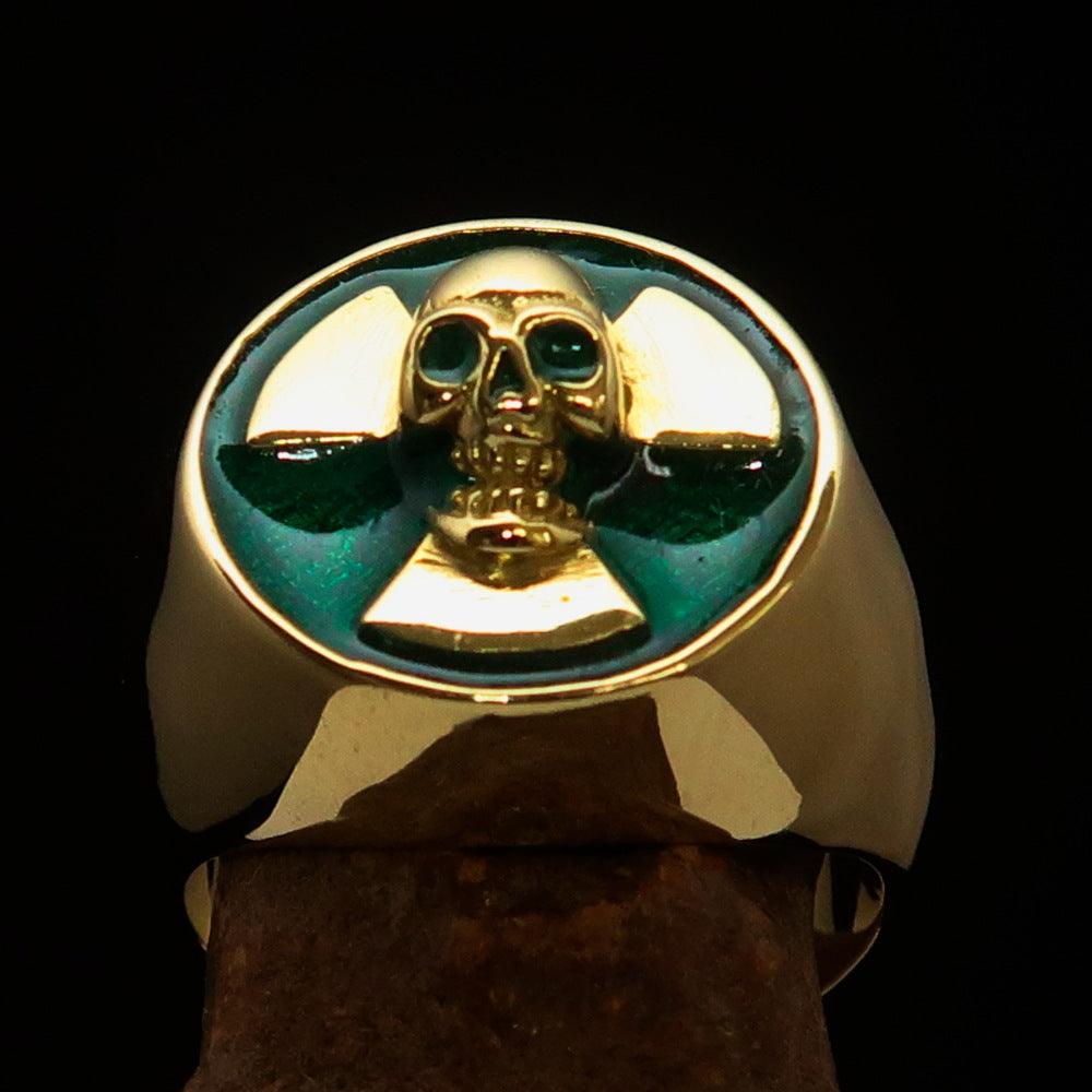 Men's green radioactive skull ring made of solid brass with high polish and green enamel finish.