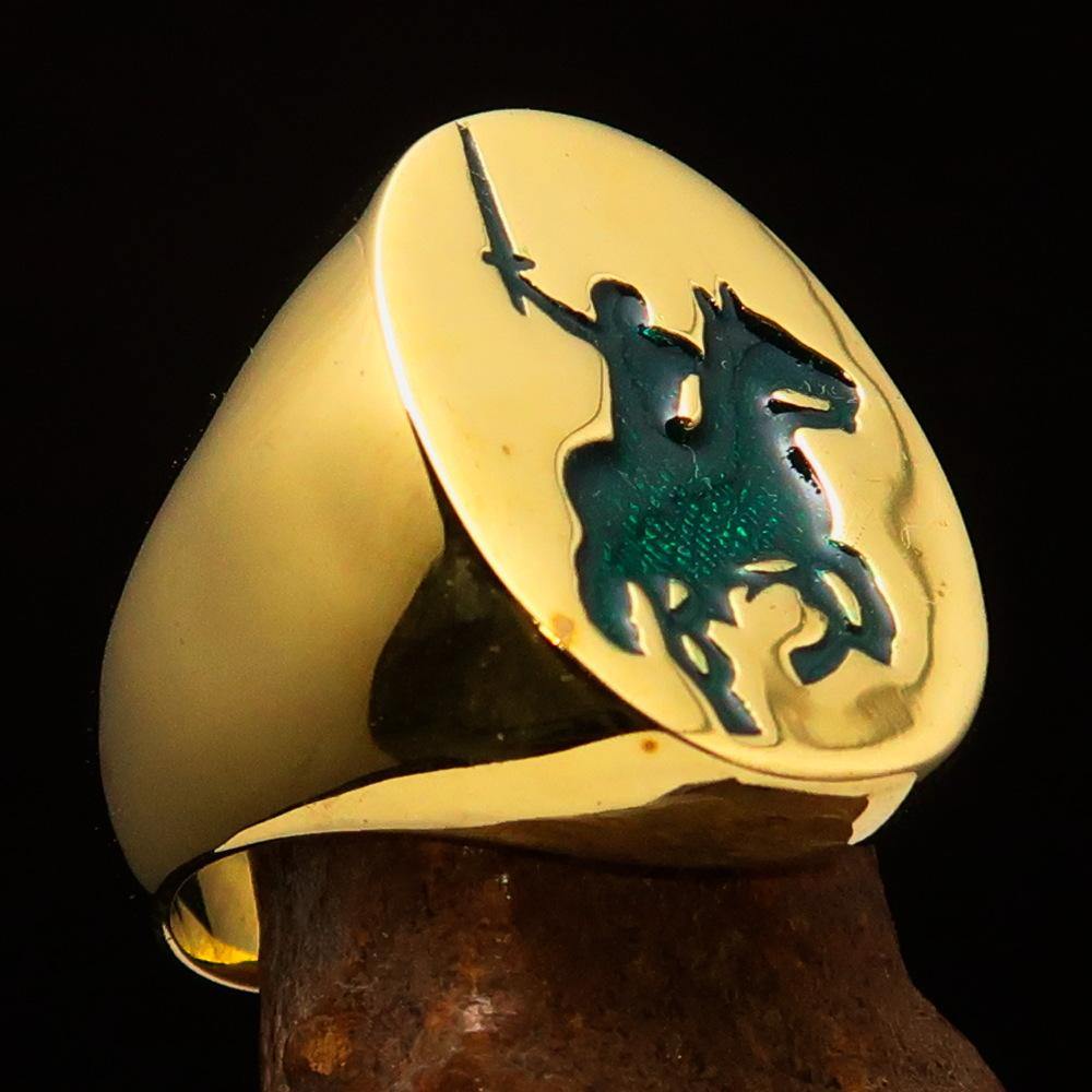 Men's Green Riding Knight Ring made of solid brass with high polish and green enamel finish, showcasing intricate design.