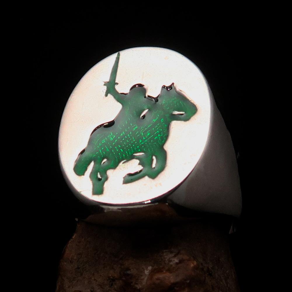 Men's green Riding Knight Ring made of solid sterling silver with high polish and green enamel finish, showcasing its elegant design.