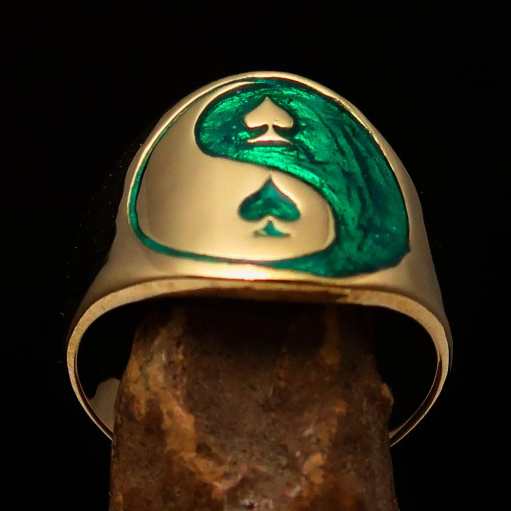 Men's green Spades Yin Yang Poker Ring made of solid brass with high polish and enamel finish, showcasing a unique design.