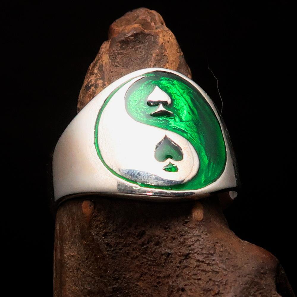 Men's green spades yin yang poker ring made of solid sterling silver with high polish and enamel finish.