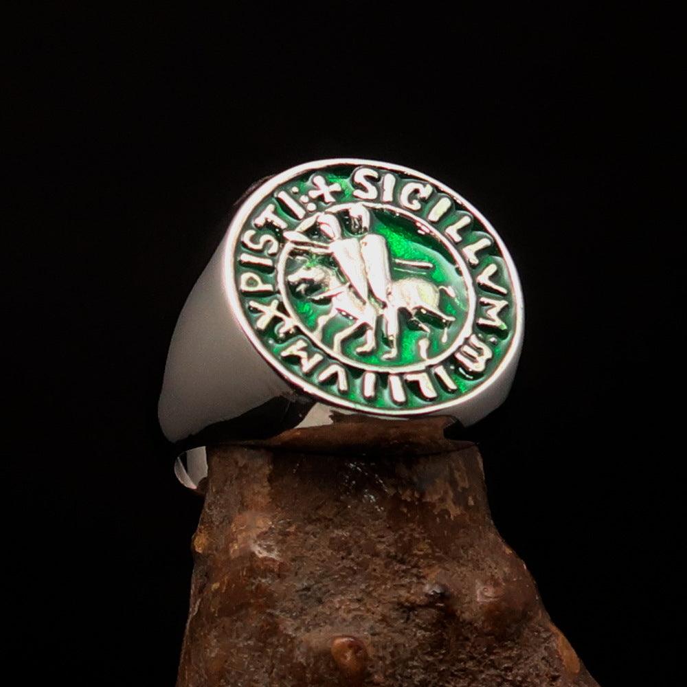 Men's green Templar Knight seal ring made of solid sterling silver with high polish and green enamel, showcasing intricate design and hallmark 925.