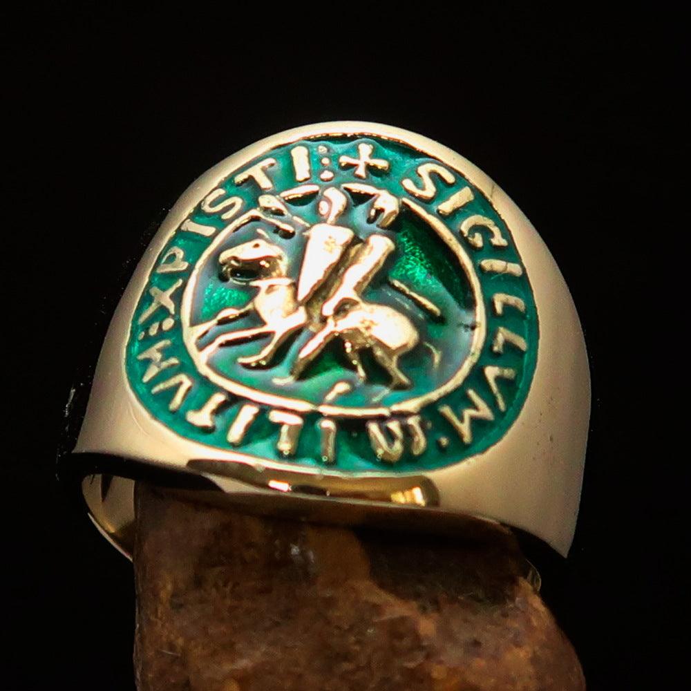 Men's Green Templar Knights Seal Ring made of solid brass with high polish and green enamel finish, showcasing intricate design.