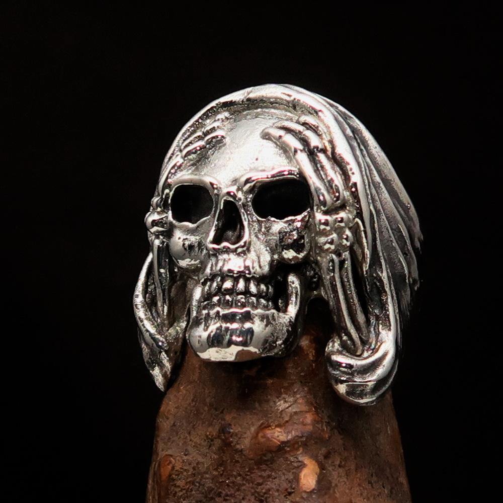 Men's Grim Reaper Skull Ring made of sterling silver, featuring a high polished and antiqued finish, showcasing intricate skull details.