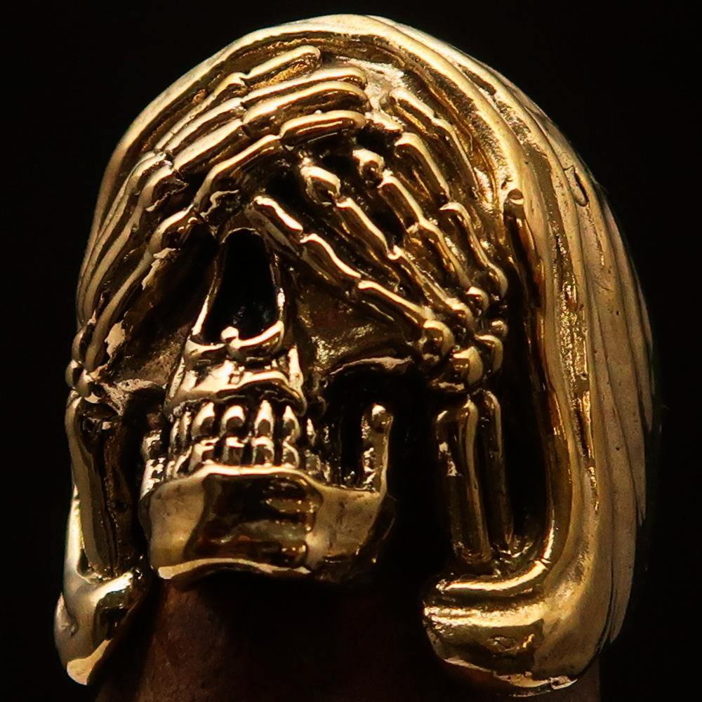 Men's Grim Reaper Skull Ring made of solid brass with high polished and antiqued finish, showcasing intricate skull design.