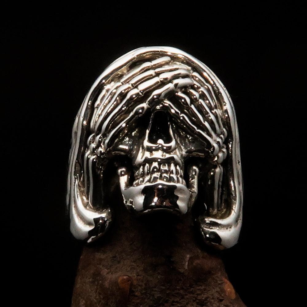Men's Grim Reaper Skull Ring made of solid sterling silver with high polished and antiqued finish, showcasing intricate skull design.