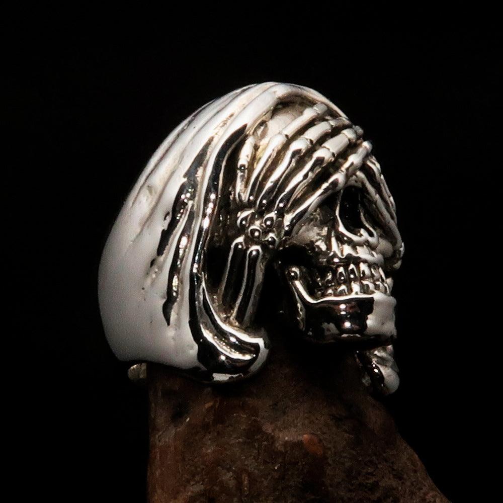 Men's Grim Reaper Skull Ring made of solid sterling silver with high polished and antiqued finish, showcasing intricate skull design.